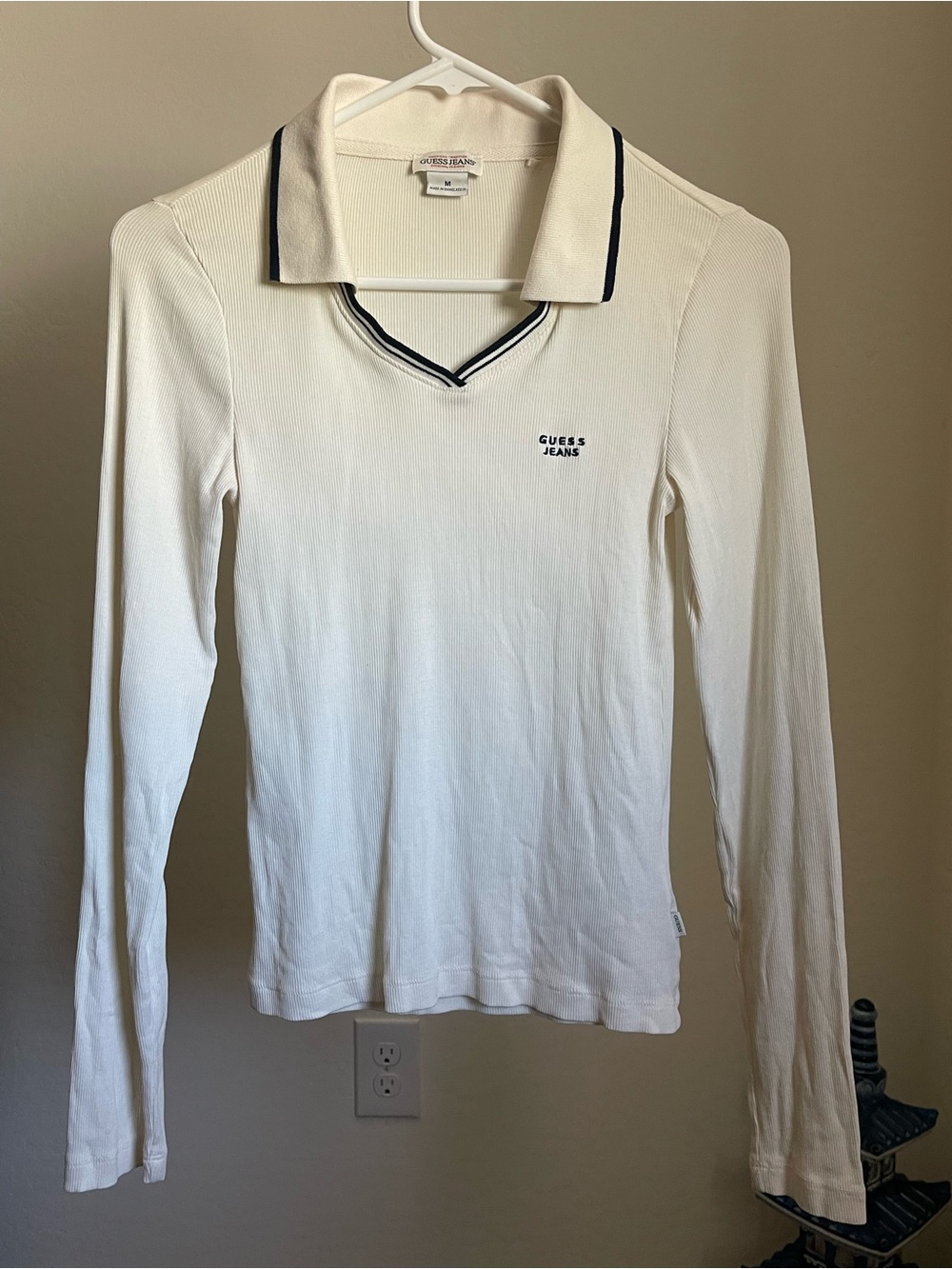Guess White Long Sleeve Polo Top with Navy Trim